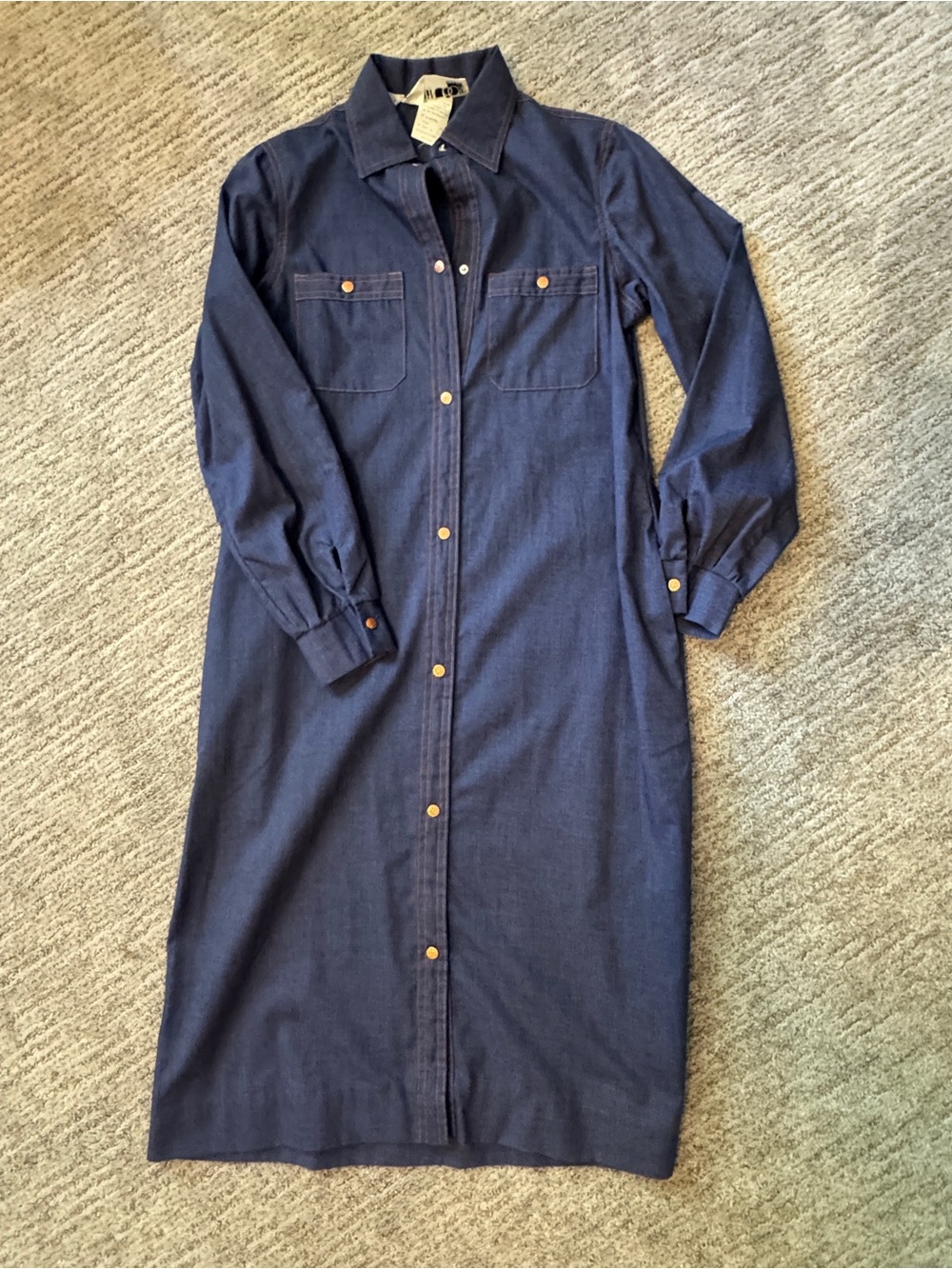 Vintage 70s - 80s Denim Chambray Midi Shirt Dress - Long Sleeve Button Front